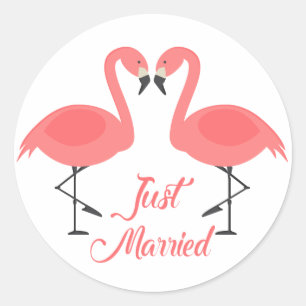 Pink Just Married Flamingo Tropical Wedding Classic Round Sticker