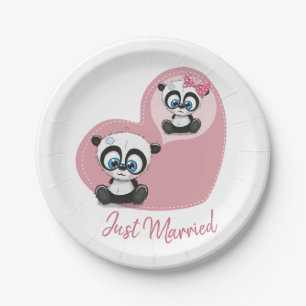 Pink Just Married Panda Teddy Bear Heart Wedding Paper Plate