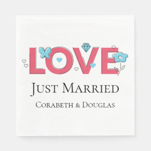 Pink Just Married Wedding Blue Flower Hearts Napkin