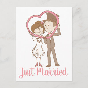 Pink Just Married Wedding Cartoon Bride Groom Announcement Postcard