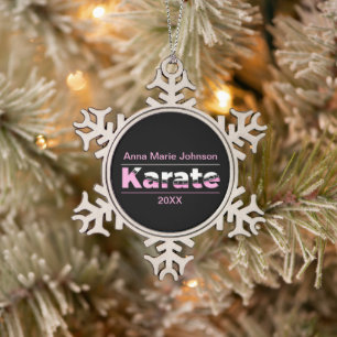 Pink Karate Martial Arts Modern Typography Snowflake Pewter Christmas Ornament