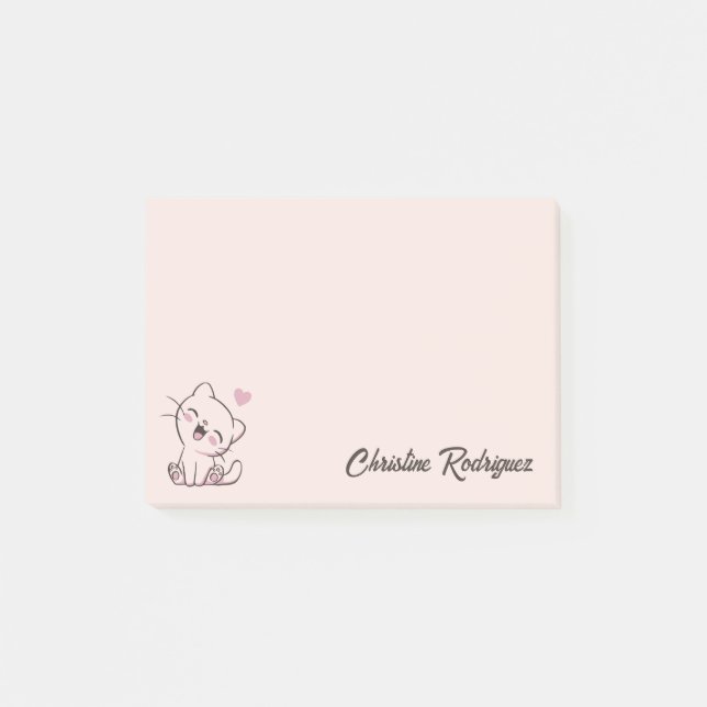 Pink Kawaii Cat Personalised Text Post-it Notes (Front)