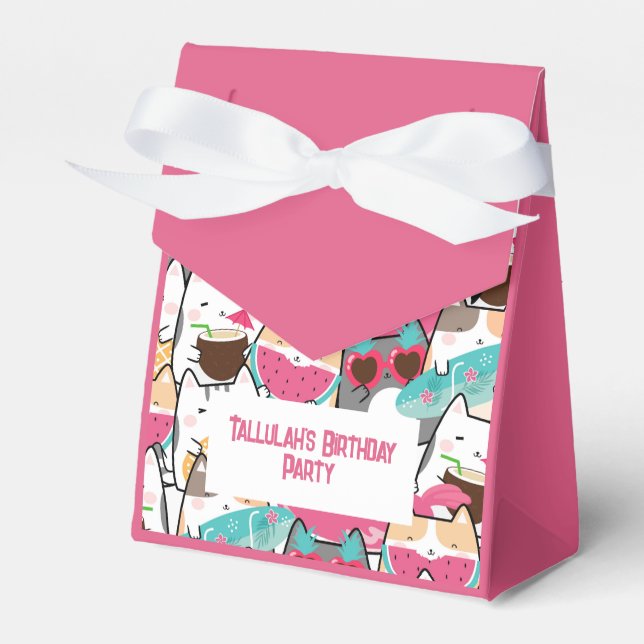 Pink Kawaii Cats Pool Birthday Party  Favour Box (Front Side)