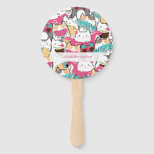 Pink Kawaii Cats Pool Birthday Party Hand Fan