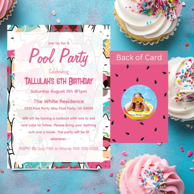 Pink Kawaii Cats Pool Party Birthday Invitations (Creator Uploaded)