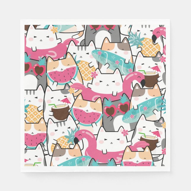 Pink Kawaii Cats Pool Party Birthday  Napkin (Front)