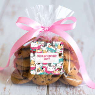 Pink Kawaii Cats Pool Party Birthday  Square Sticker