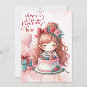 Pink Kawaii Girl Happy Birthday Greeting Card