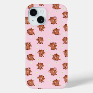 Pink Kawaii Highland Cows Seamless Pattern iPhone 15 Case