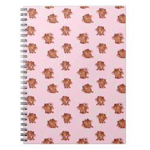 Pink Kawaii Highland Cows Seamless Pattern Notebook