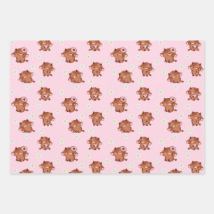 Pink Kawaii Highland Cows Seamless Pattern Wrapping Paper Sheet