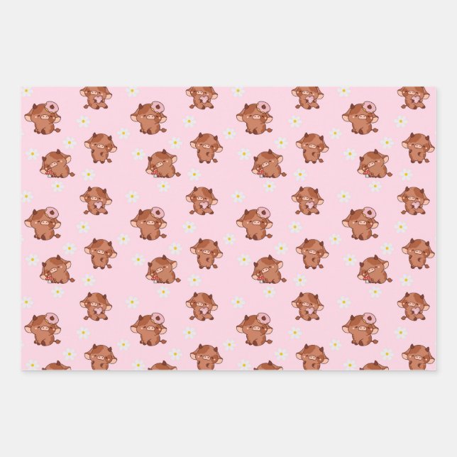 Pink Kawaii Highland Cows Seamless Pattern Wrapping Paper Sheet (Front)