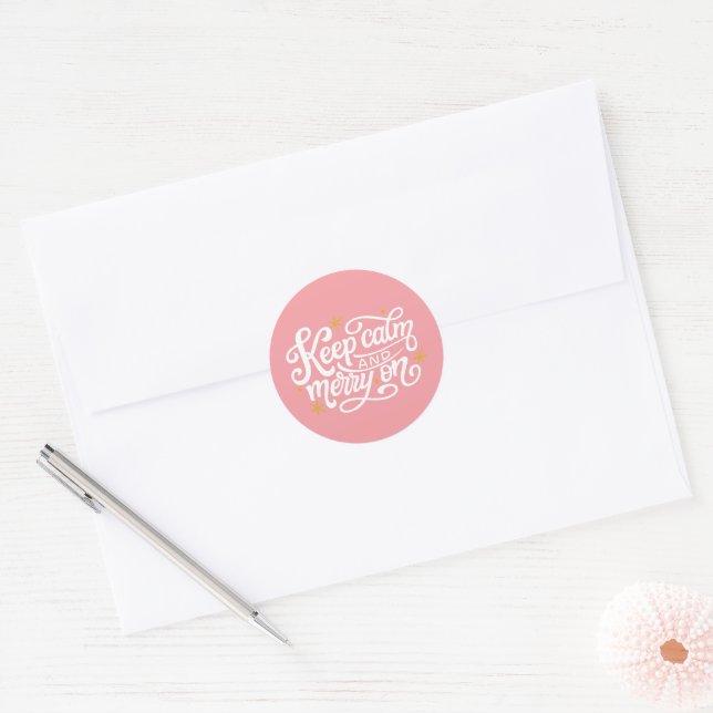 Pink Keep Calm And Merry On Typography  Classic Round Sticker (Envelope)