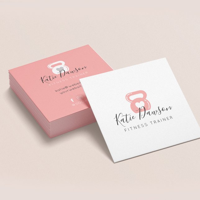 Pink Kettlebell & Heart Fitness & Personal Trainer Square Business Card (Creator Uploaded)