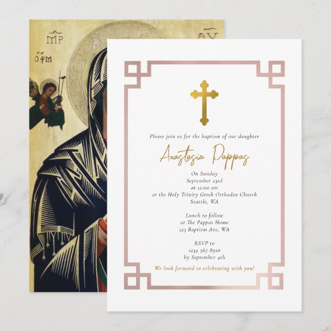 Pink Key Greek Orthodox Christening Girl Baptism  Invitation (Front/Back)