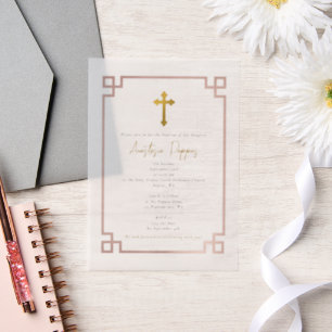 Pink Key Greek Orthodox Christening Girl Baptism  Vellum Invitations