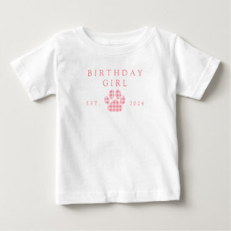 Pink Kids Birthday Gingham Paw Print Birthday Baby T-Shirt