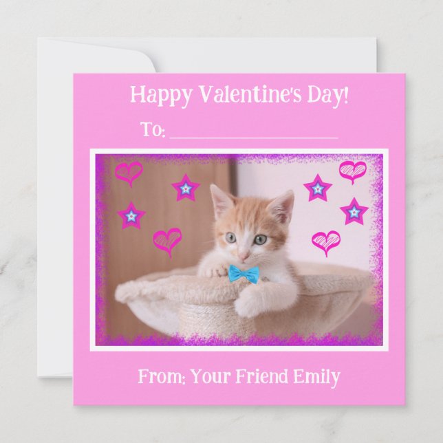  Pink Kids Funky Kitten Classroom Valentine's Holiday Card (Front)