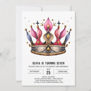 Pink Kids Princess Crown Birthday Invitation