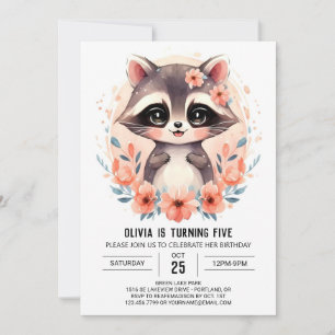  Pink Kids' Racoon Girl Birthday Invitation