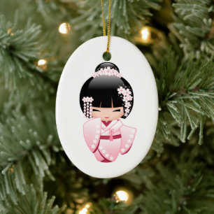 Pink Kimono Kawaii Kokeshi Doll Ceramic Tree Decoration