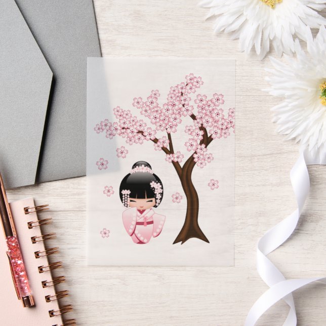 Pink Kimono Kawaii Kokeshi Doll Insert Vellum Invitations (Wedding)