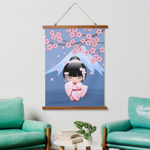 Pink Kimono Kawaii Kokeshi Doll Mountain on Blue Hanging Tapestry