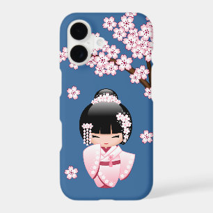 Pink Kimono Kawaii Kokeshi Doll on Blue