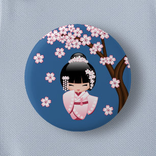Pink Kimono Kawaii Kokeshi Doll on Blue 6 Cm Round Badge
