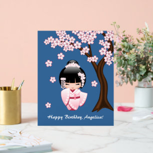 Pink Kimono Kawaii Kokeshi Doll on Blue Acrylic Sign