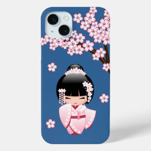 Pink Kimono Kawaii Kokeshi Doll on Blue iPhone 15 Mini Case