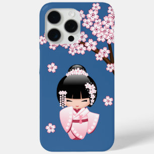 Pink Kimono Kawaii Kokeshi Doll on Blue iPhone 15 Pro Max Case