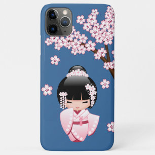 Pink Kimono Kawaii Kokeshi Doll on Blue Case-Mate iPhone Case
