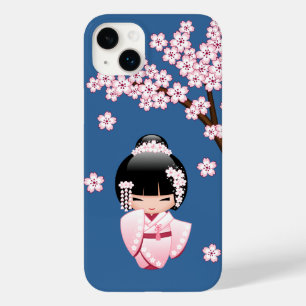 Pink Kimono Kawaii Kokeshi Doll on Blue Case-Mate iPhone 14 Plus Case