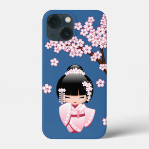 Pink Kimono Kawaii Kokeshi Doll on Blue iPhone 13 Mini Case