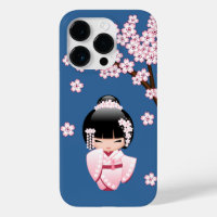 Pink Kimono Kawaii Kokeshi Doll on Blue
