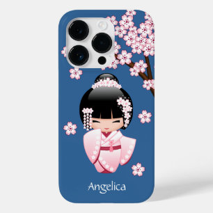 Pink Kimono Kawaii Kokeshi Doll on Blue Case-Mate iPhone 14 Pro Case