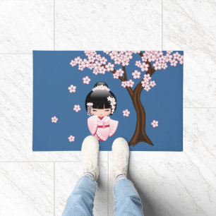 Pink Kimono Kawaii Kokeshi Doll on Blue Doormat