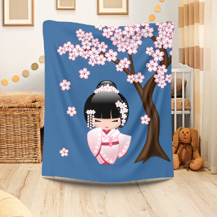 Pink Kimono Kawaii Kokeshi Doll on Blue Fleece Blanket