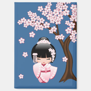 Pink Kimono Kawaii Kokeshi Doll on Blue Magnet