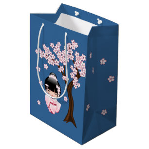 Pink Kimono Kawaii Kokeshi Doll on Blue Medium Gift Bag