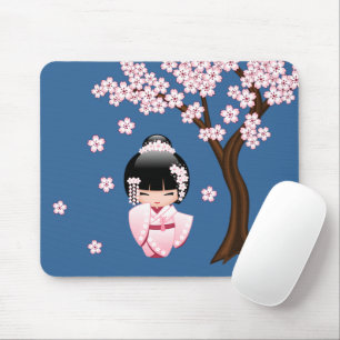 Pink Kimono Kawaii Kokeshi Doll on Blue Mouse Pad