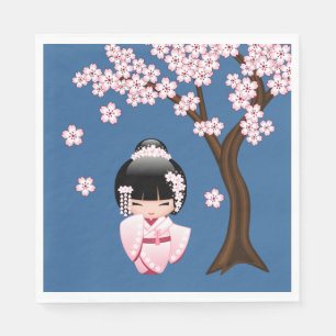 Pink Kimono Kawaii Kokeshi Doll on Blue Napkin