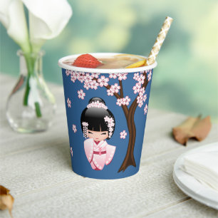Pink Kimono Kawaii Kokeshi Doll on Blue Paper Cups