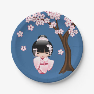 Pink Kimono Kawaii Kokeshi Doll on Blue Paper Plate