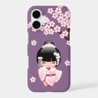 Pink Kimono Kawaii Kokeshi Doll on Purple