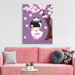 Pink Kimono Kawaii Kokeshi Doll on Purple Canvas Print