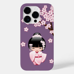 Pink Kimono Kawaii Kokeshi Doll on Purple Case-Mate iPhone 14 Pro Case