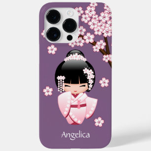 Pink Kimono Kawaii Kokeshi Doll on Purple Case-Mate iPhone 14 Pro Max Case