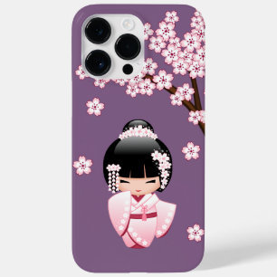 Pink Kimono Kawaii Kokeshi Doll on Purple Case-Mate iPhone 14 Pro Max Case